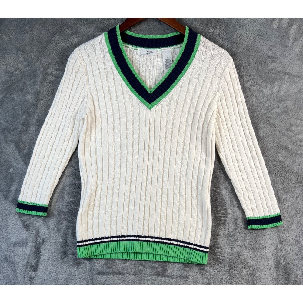 Liz Claiborne Sweater Medium Petite White V Neck Cable Knit Varsity Tennis Prep